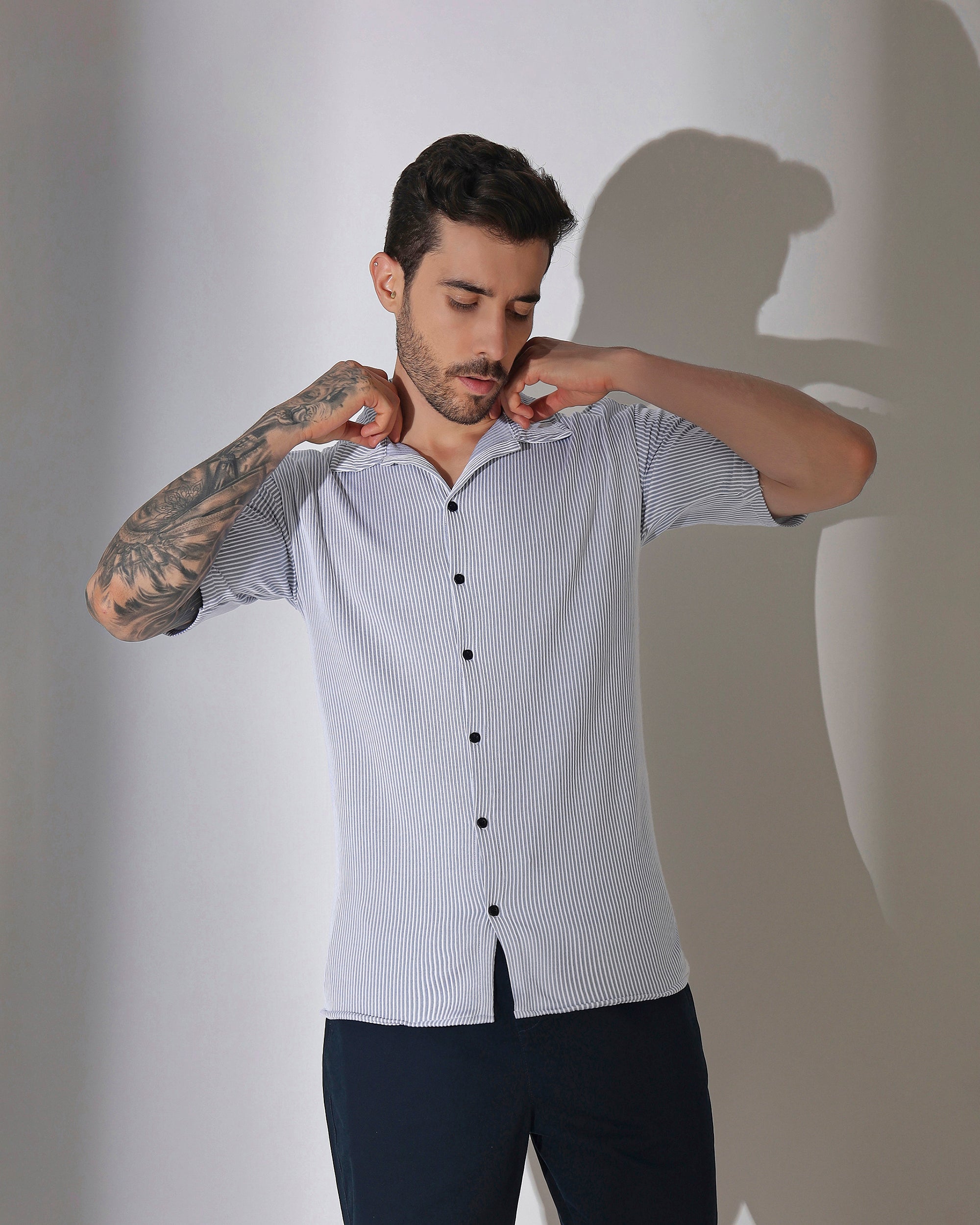 Striped Cuban Collar Half Sleeve Shirt , Ice Blue & White