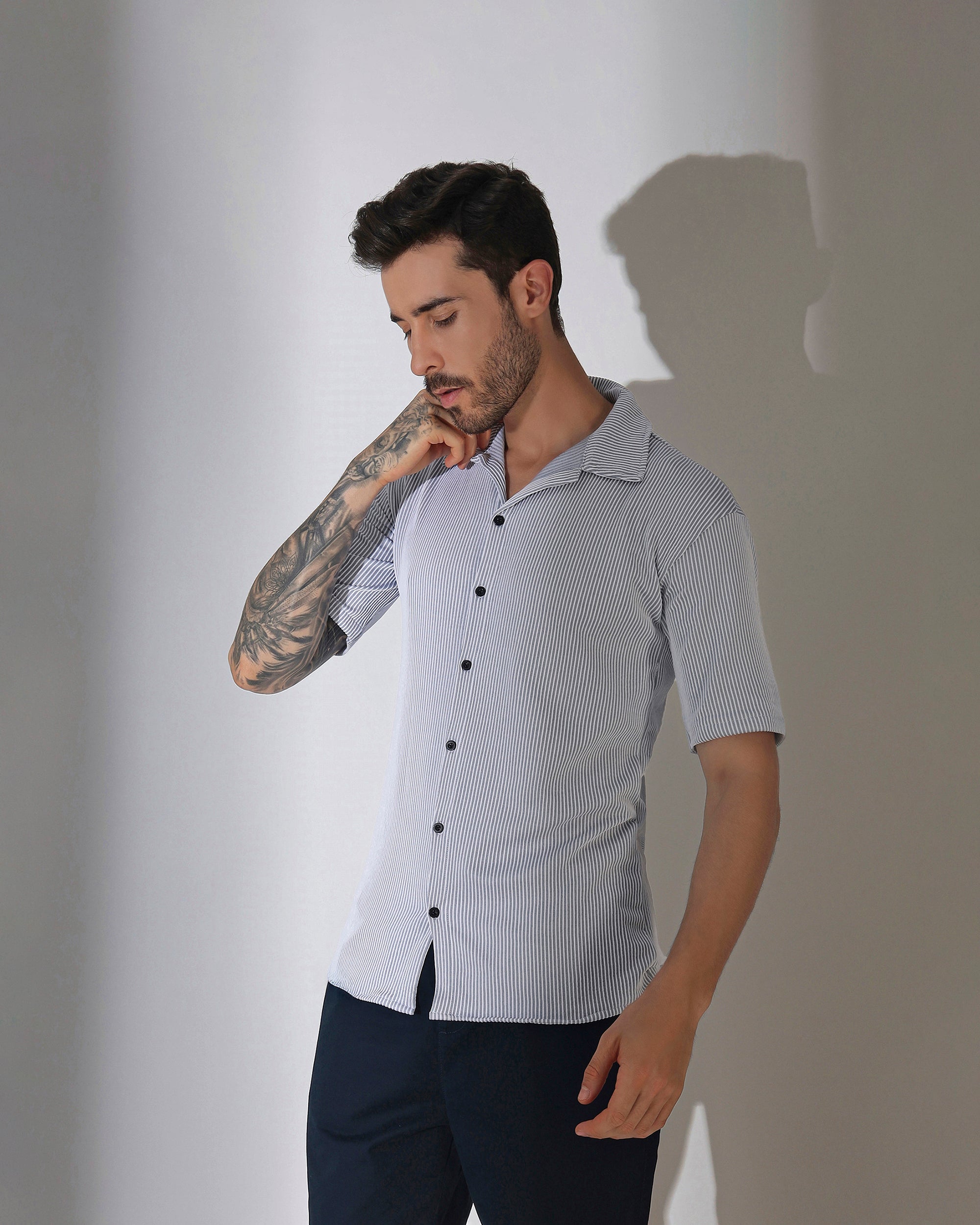 Striped Cuban Collar Half Sleeve Shirt , Ice Blue & White