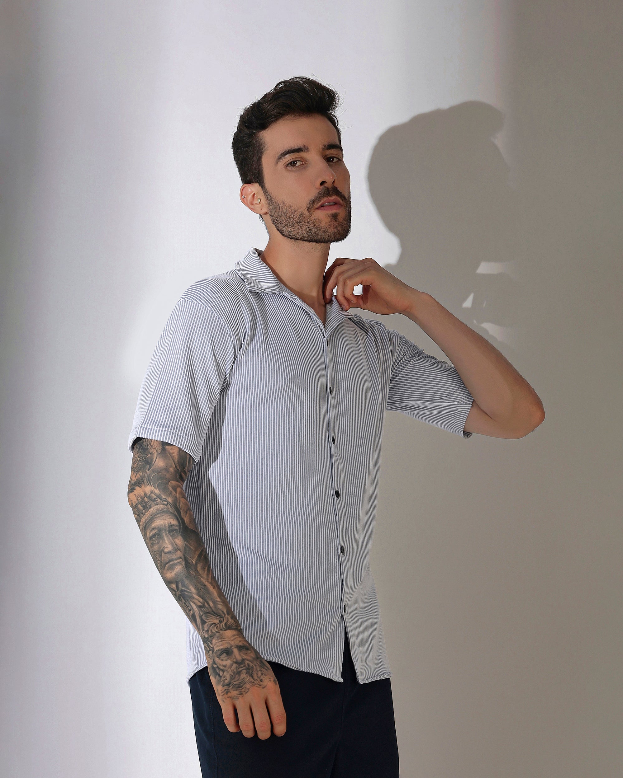 Striped Cuban Collar Half Sleeve Shirt , Ice Blue & White
