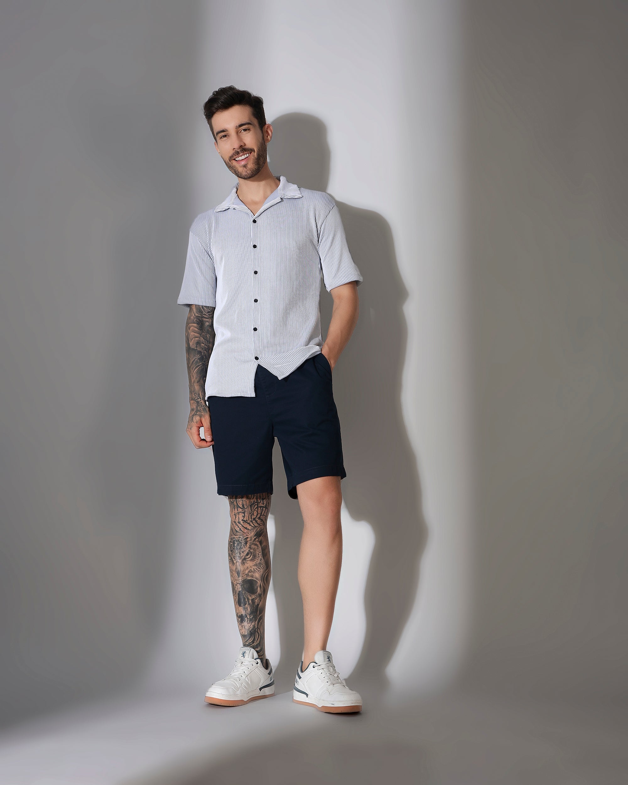 Striped Cuban Collar Half Sleeve Shirt , Ice Blue & White