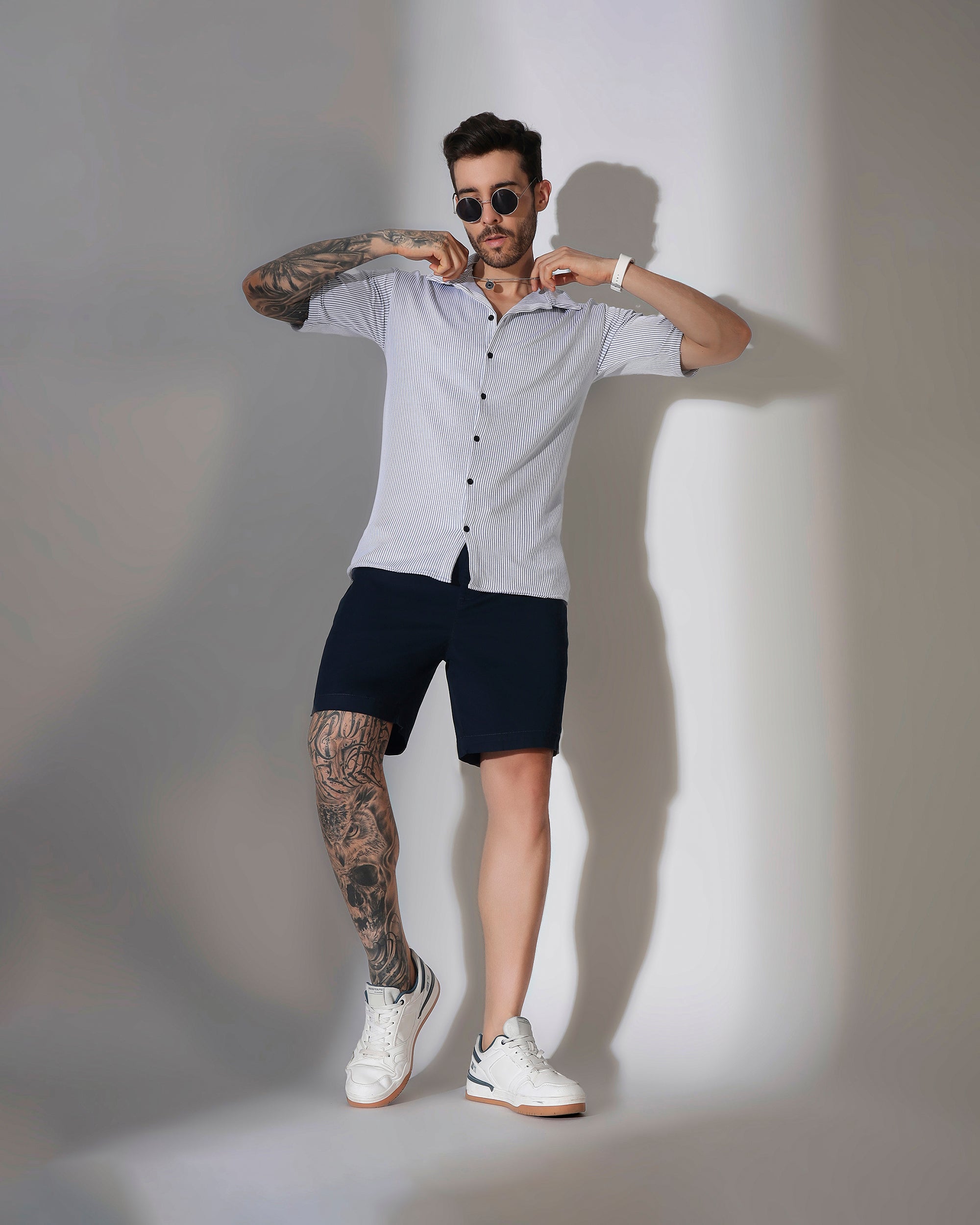 Striped Cuban Collar Half Sleeve Shirt , Ice Blue & White