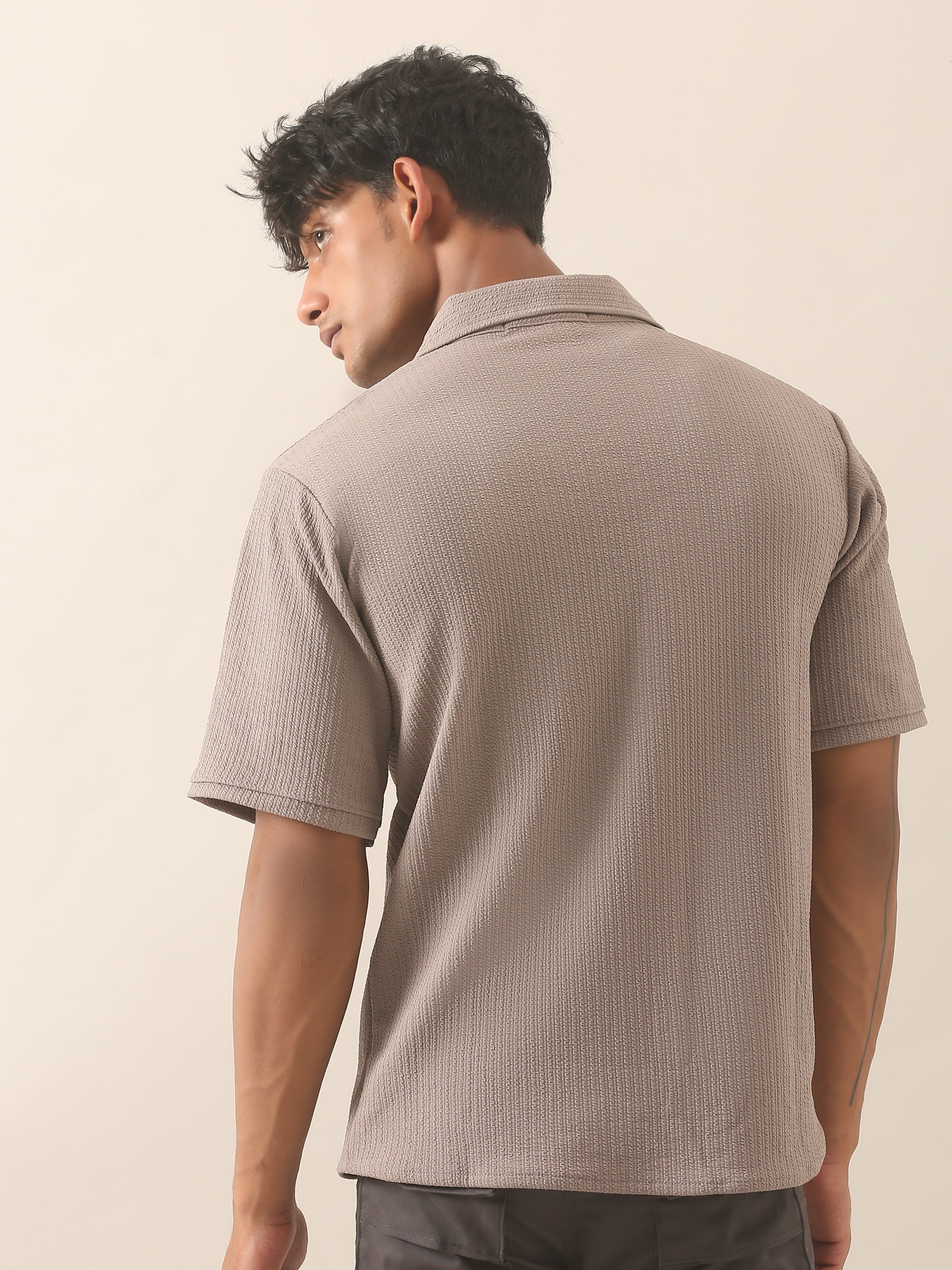 Textured Taupe Half Sleeve Casual Shirt