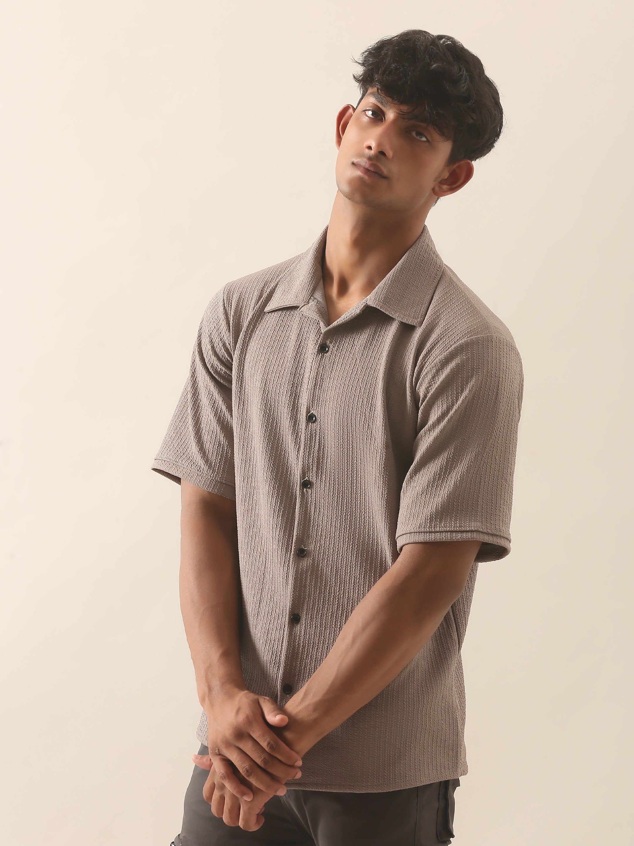 Textured Taupe Half Sleeve Casual Shirt