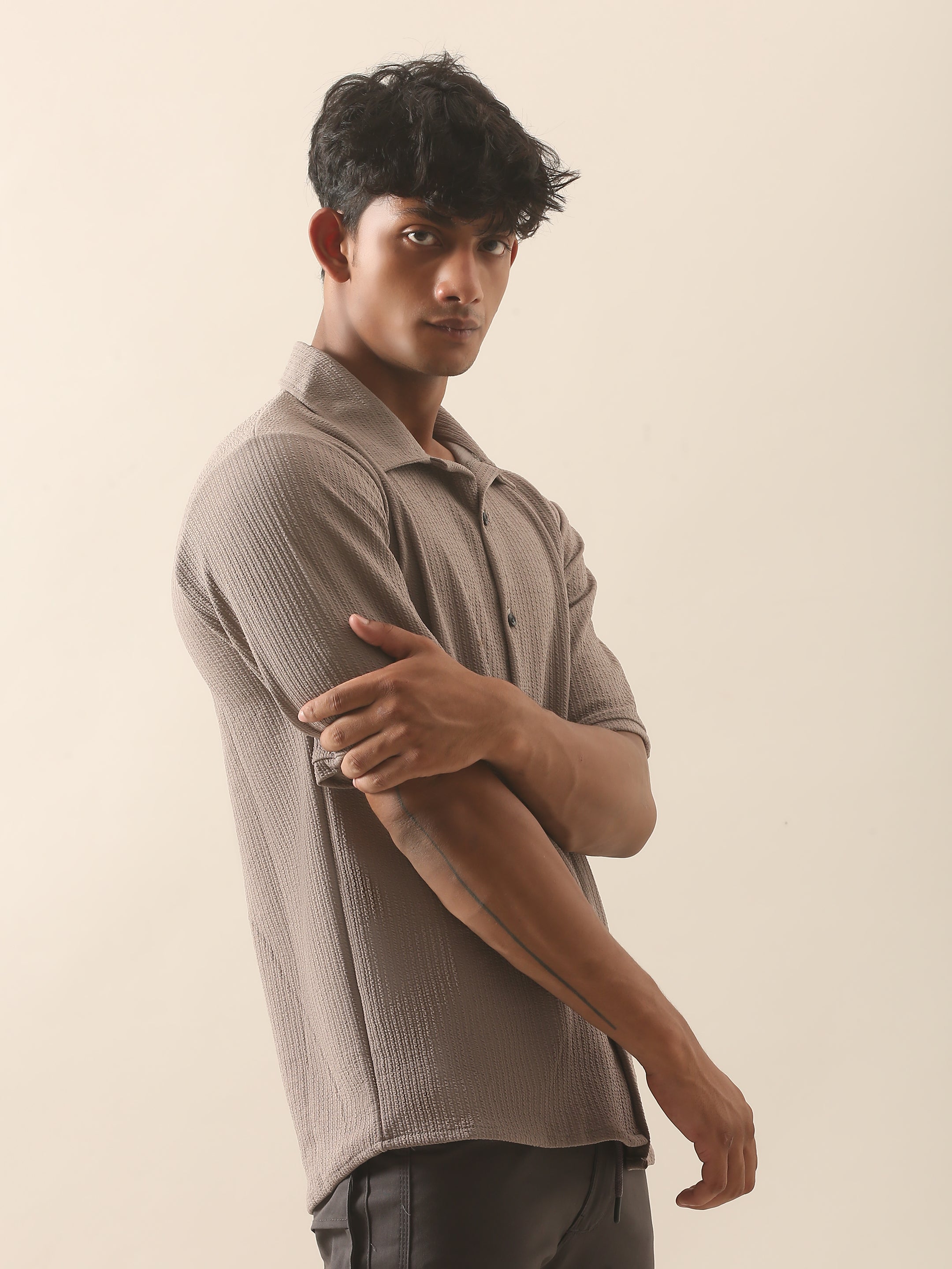 Textured Taupe Half Sleeve Casual Shirt