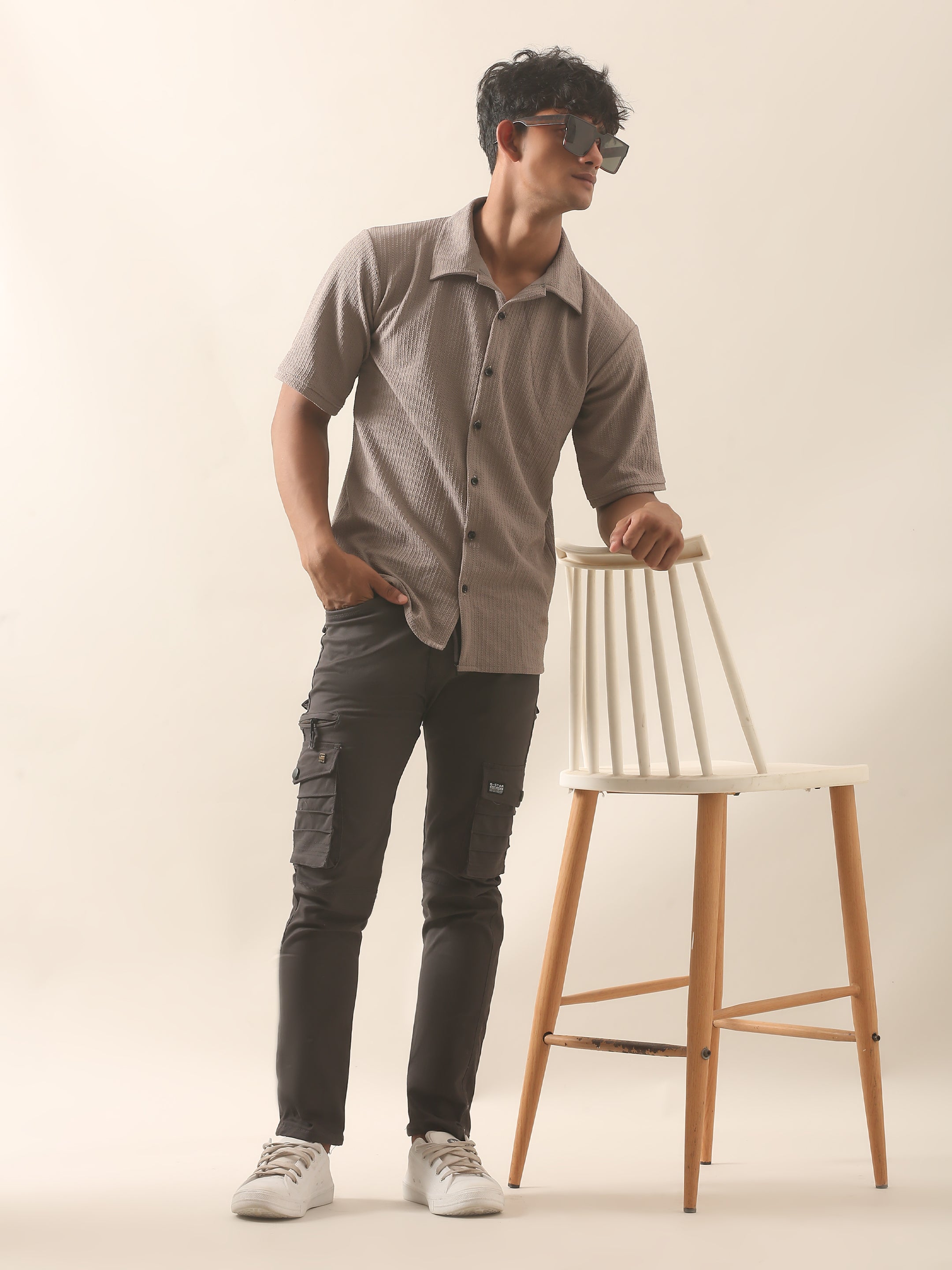 Textured Taupe Half Sleeve Casual Shirt