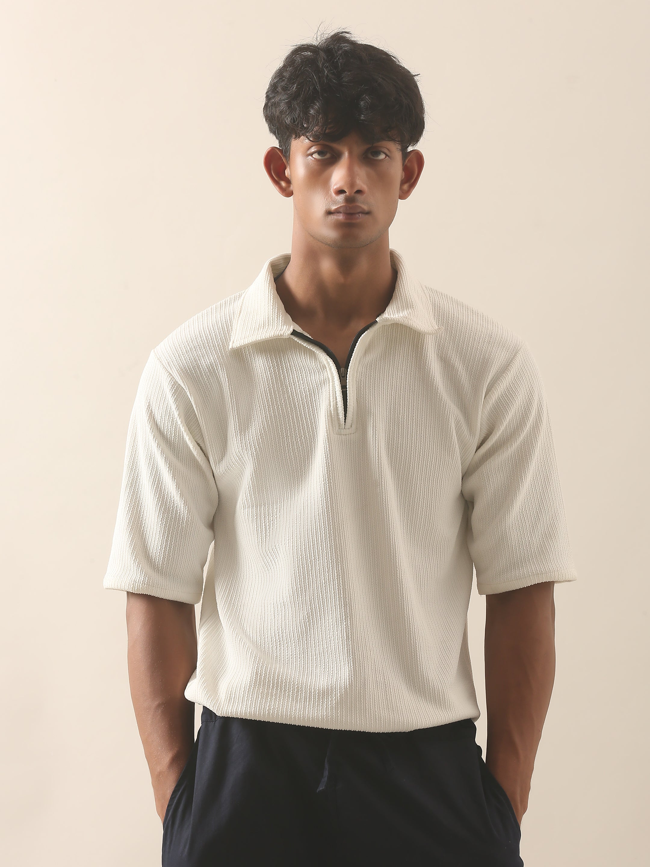 Aura Textured Half-Zip Polo T-Shirt – Off White