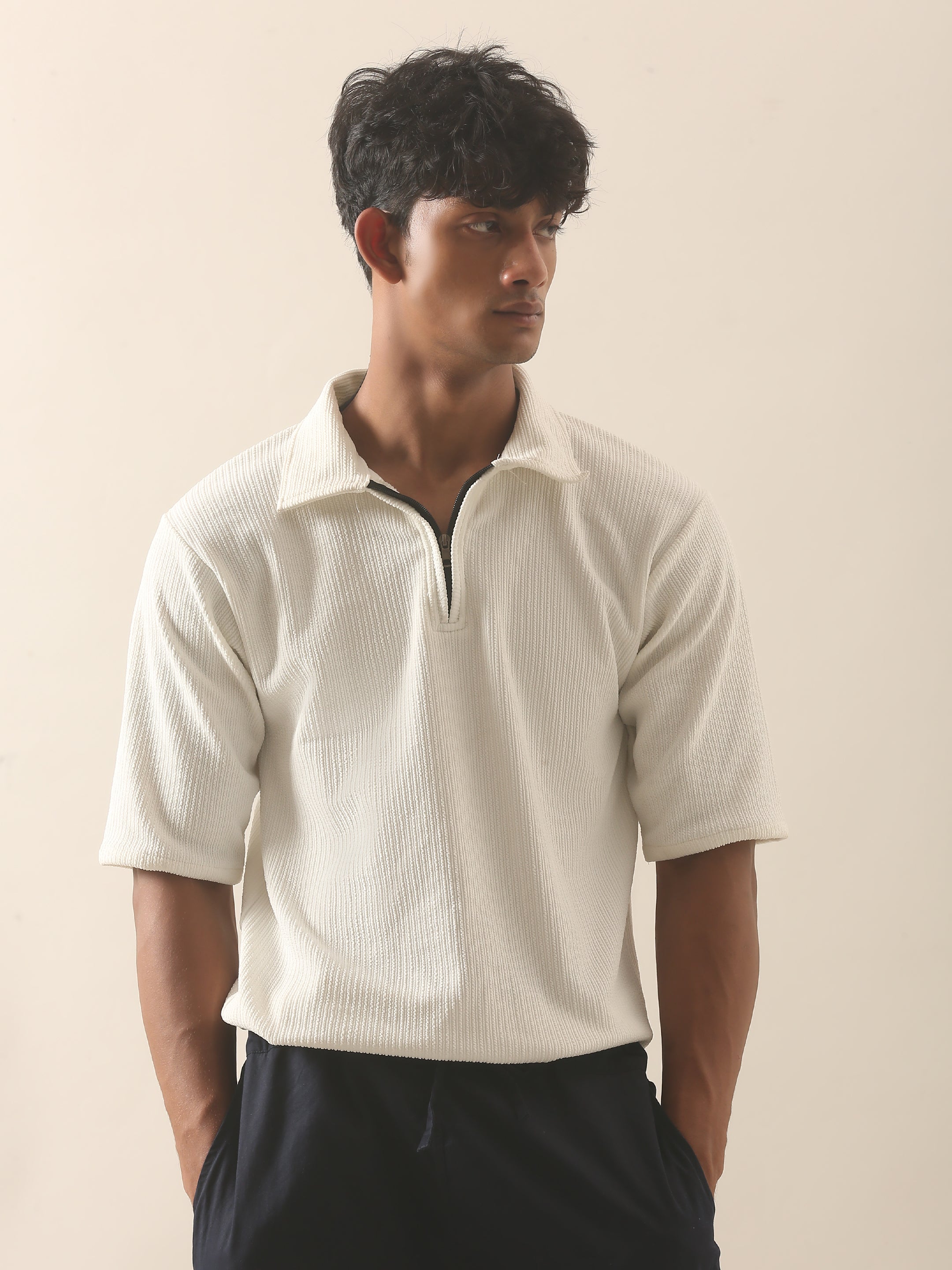 Aura Textured Half-Zip Polo T-Shirt – Off White