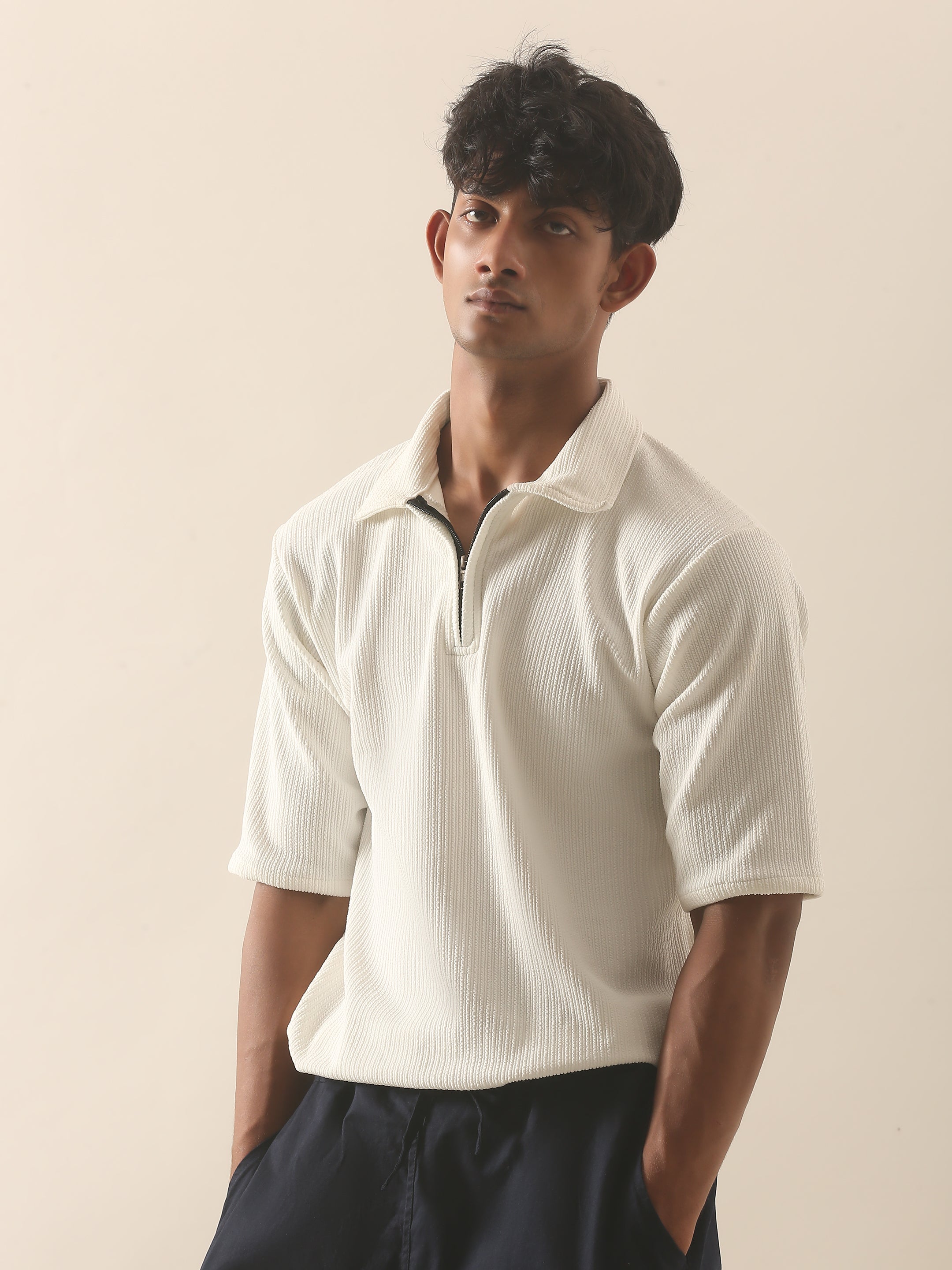 Aura Textured Half-Zip Polo T-Shirt – Off White