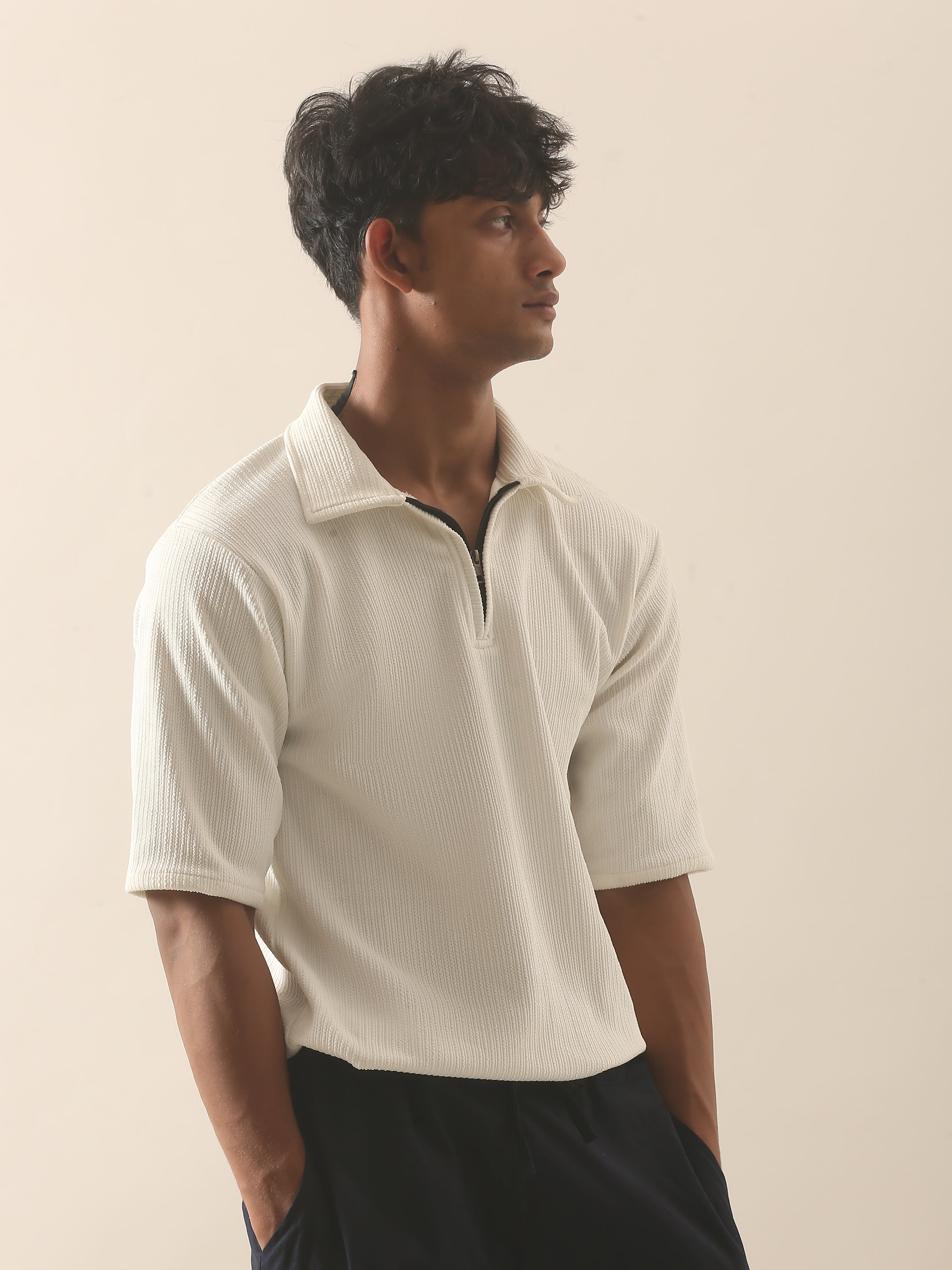 Aura Textured Half-Zip Polo T-Shirt – Off White