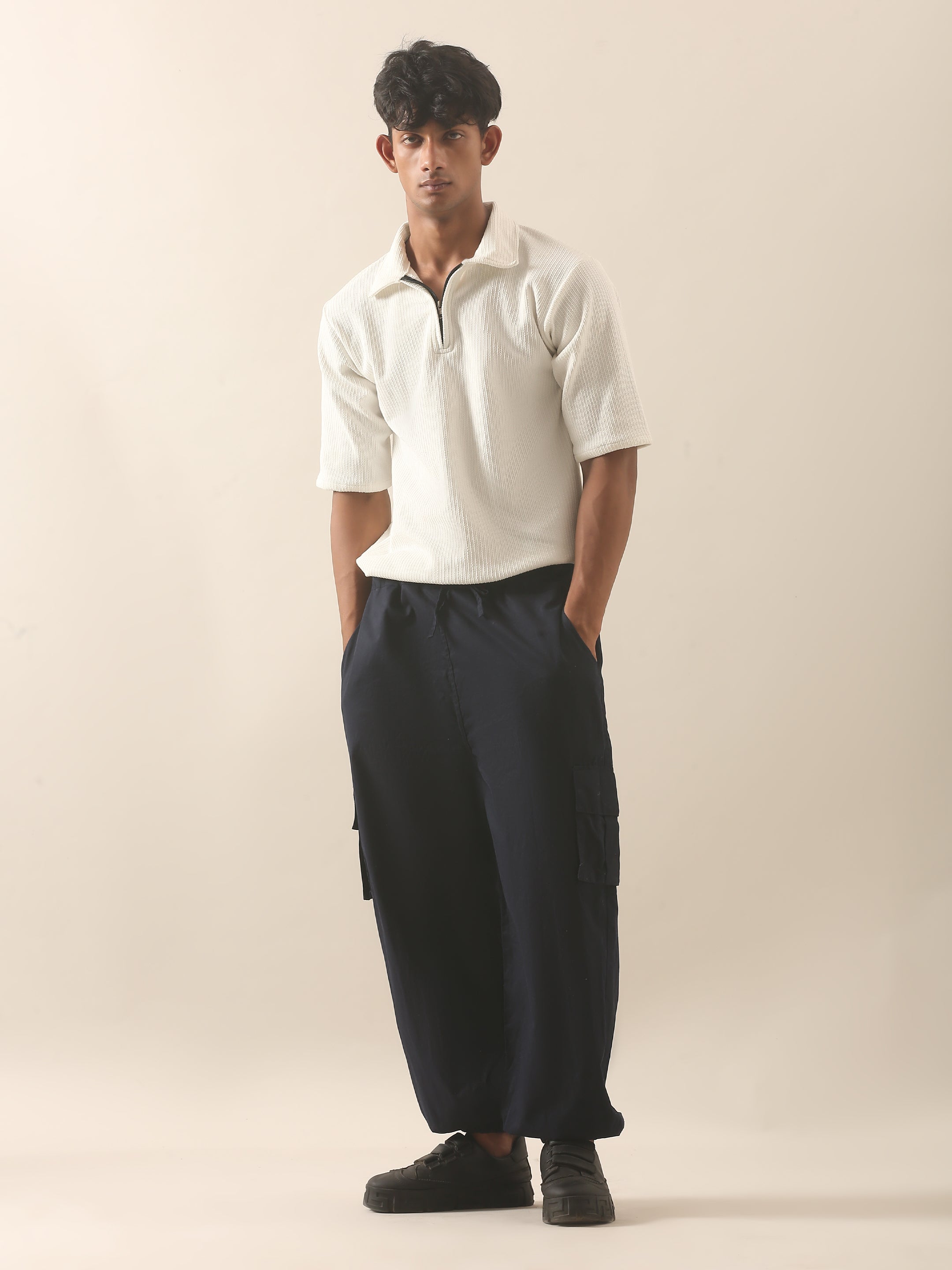 Aura Textured Half-Zip Polo T-Shirt – Off White