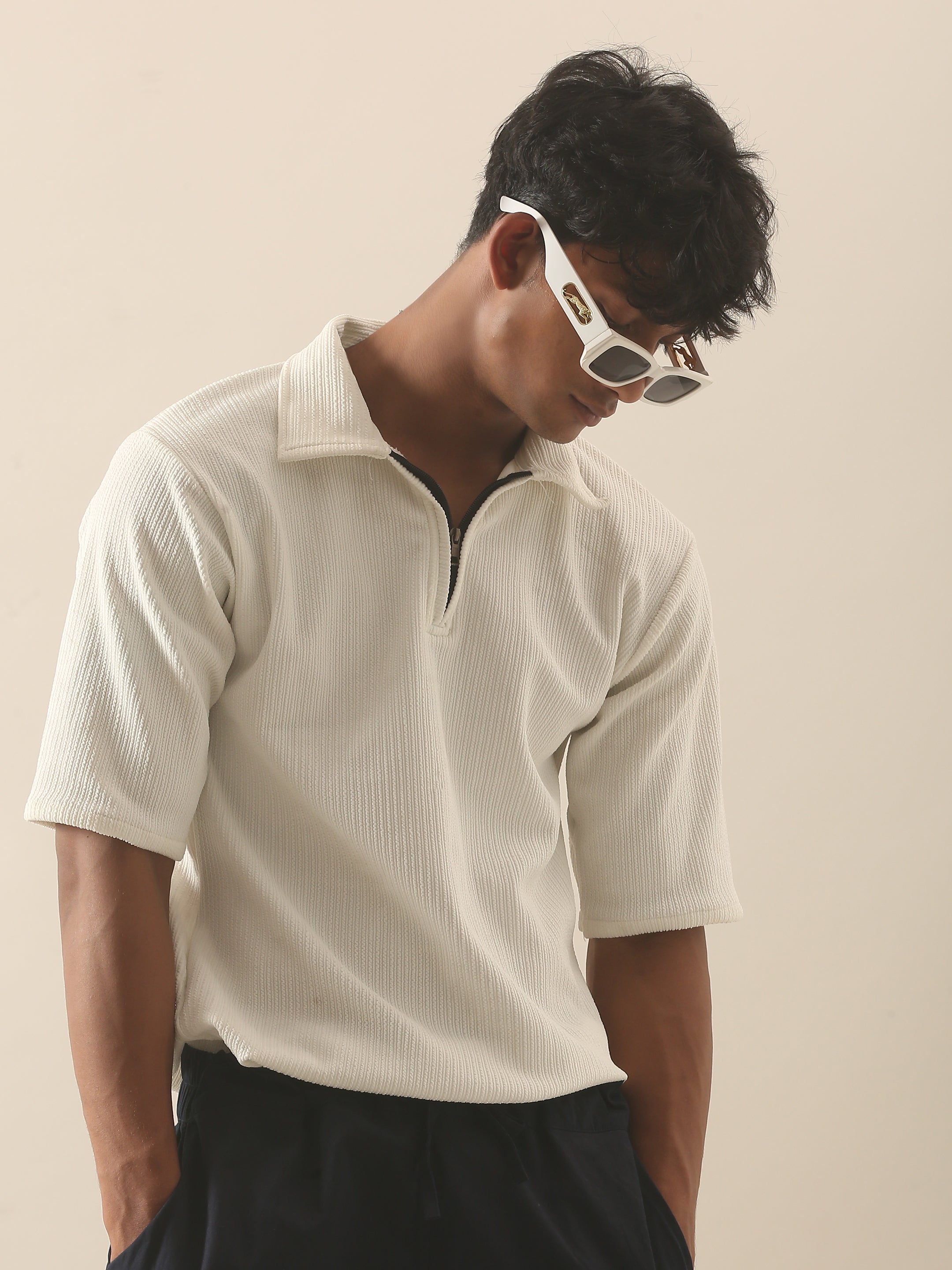 Aura Textured Half-Zip Polo T-Shirt – Off White