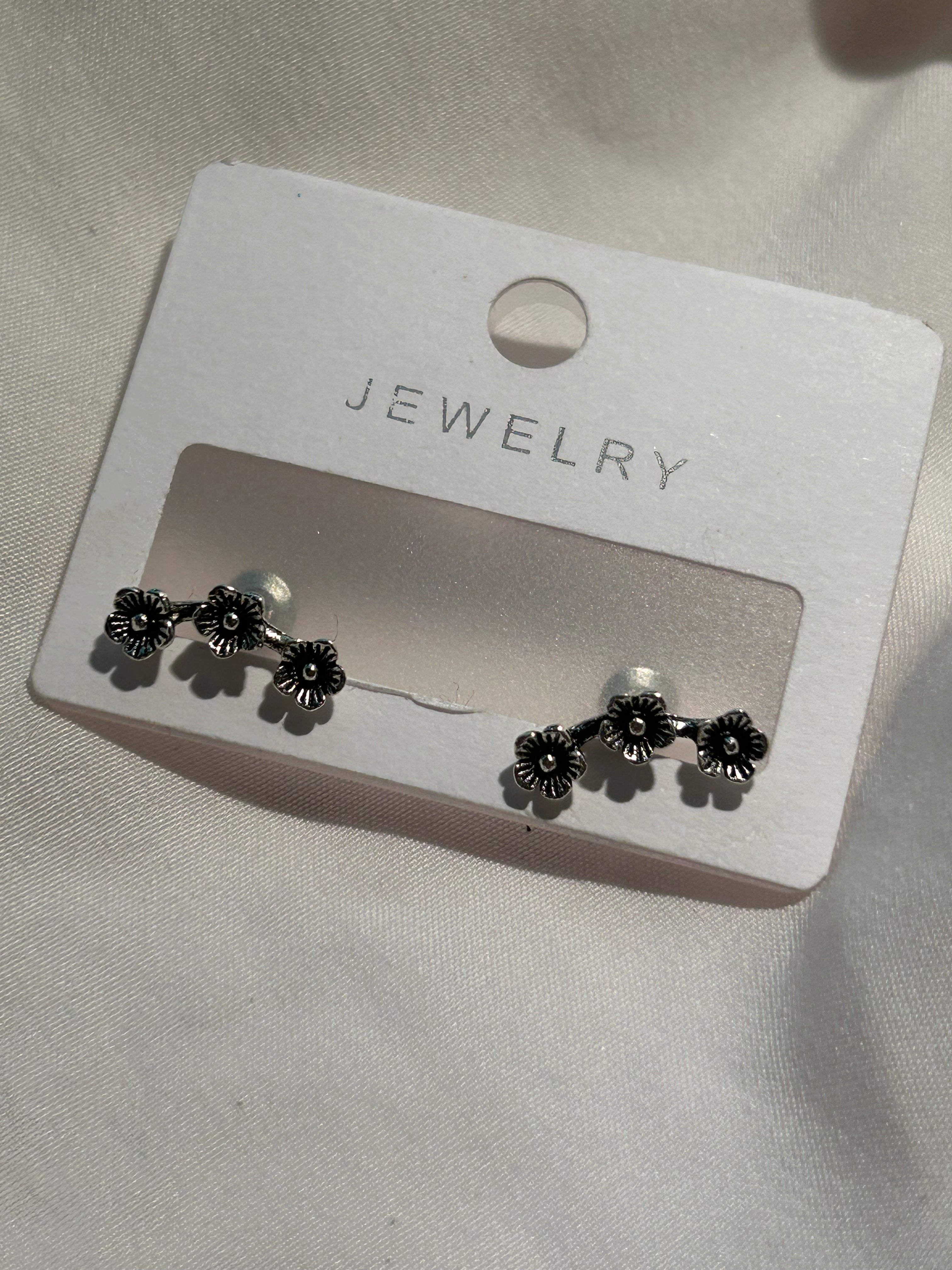 Vintage Floral Ear Climbers – Antique Silver Mini Flower Stud Earrings