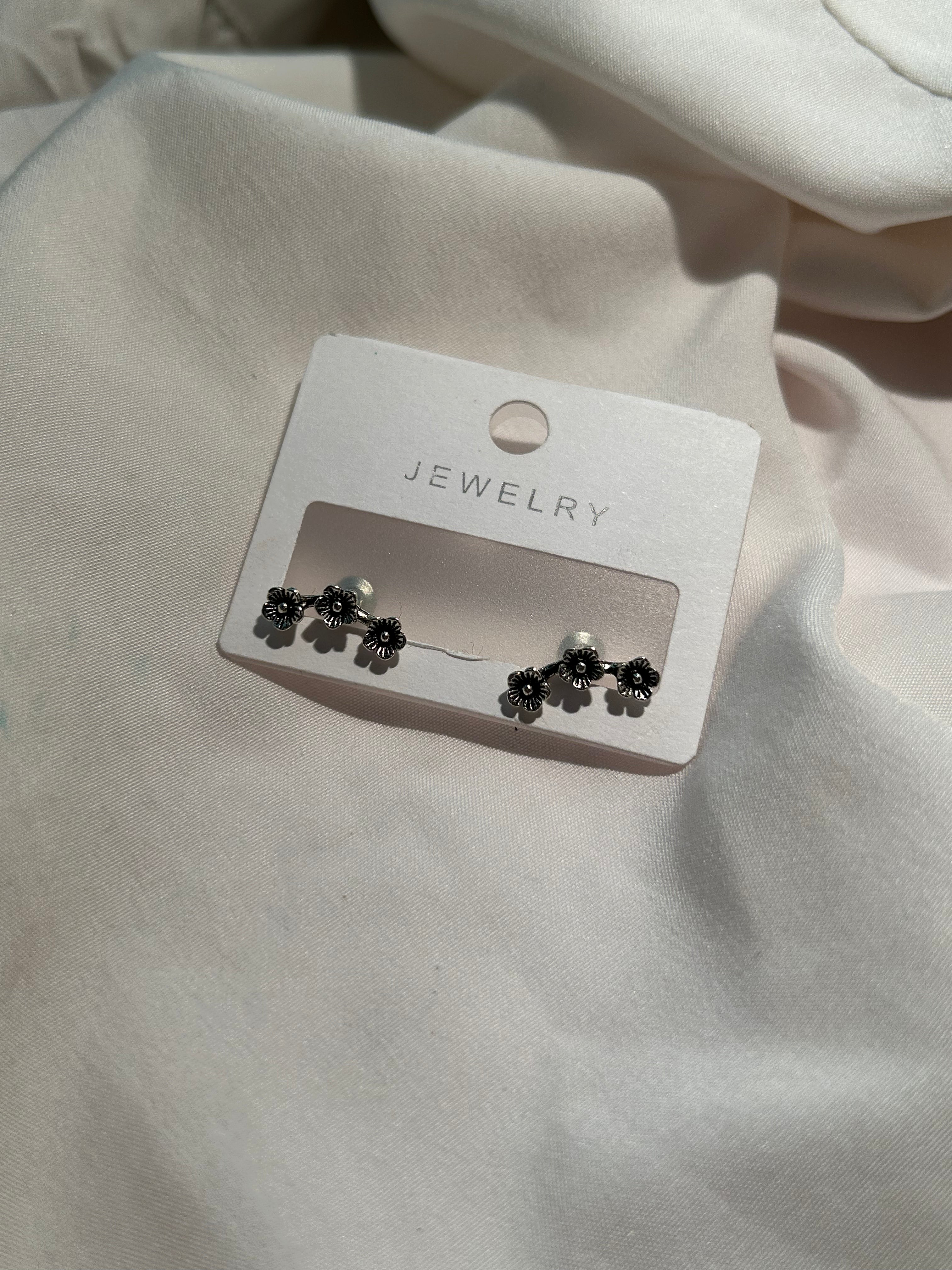 Vintage Floral Ear Climbers – Antique Silver Mini Flower Stud Earrings