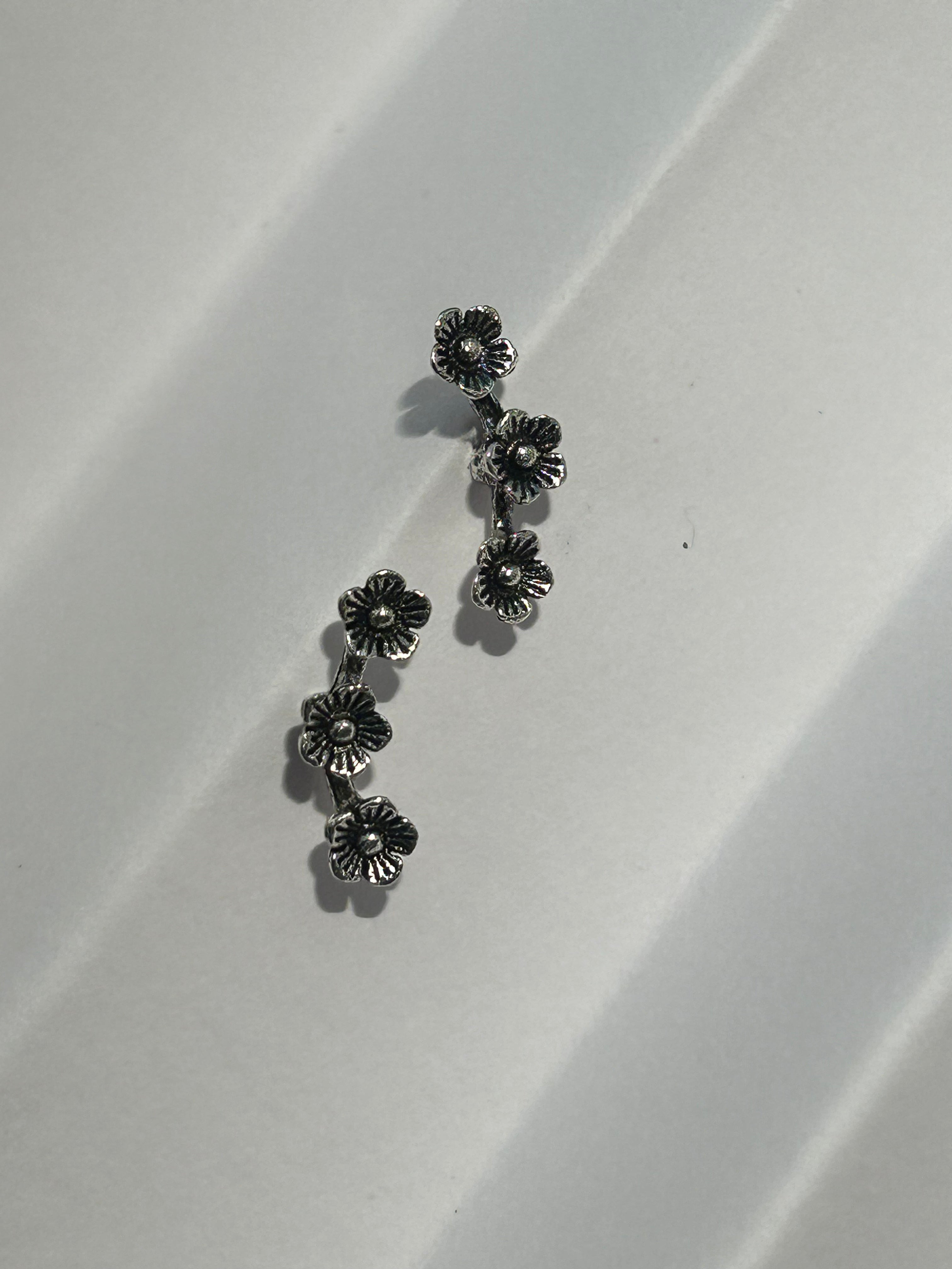 Vintage Floral Ear Climbers – Antique Silver Mini Flower Stud Earrings