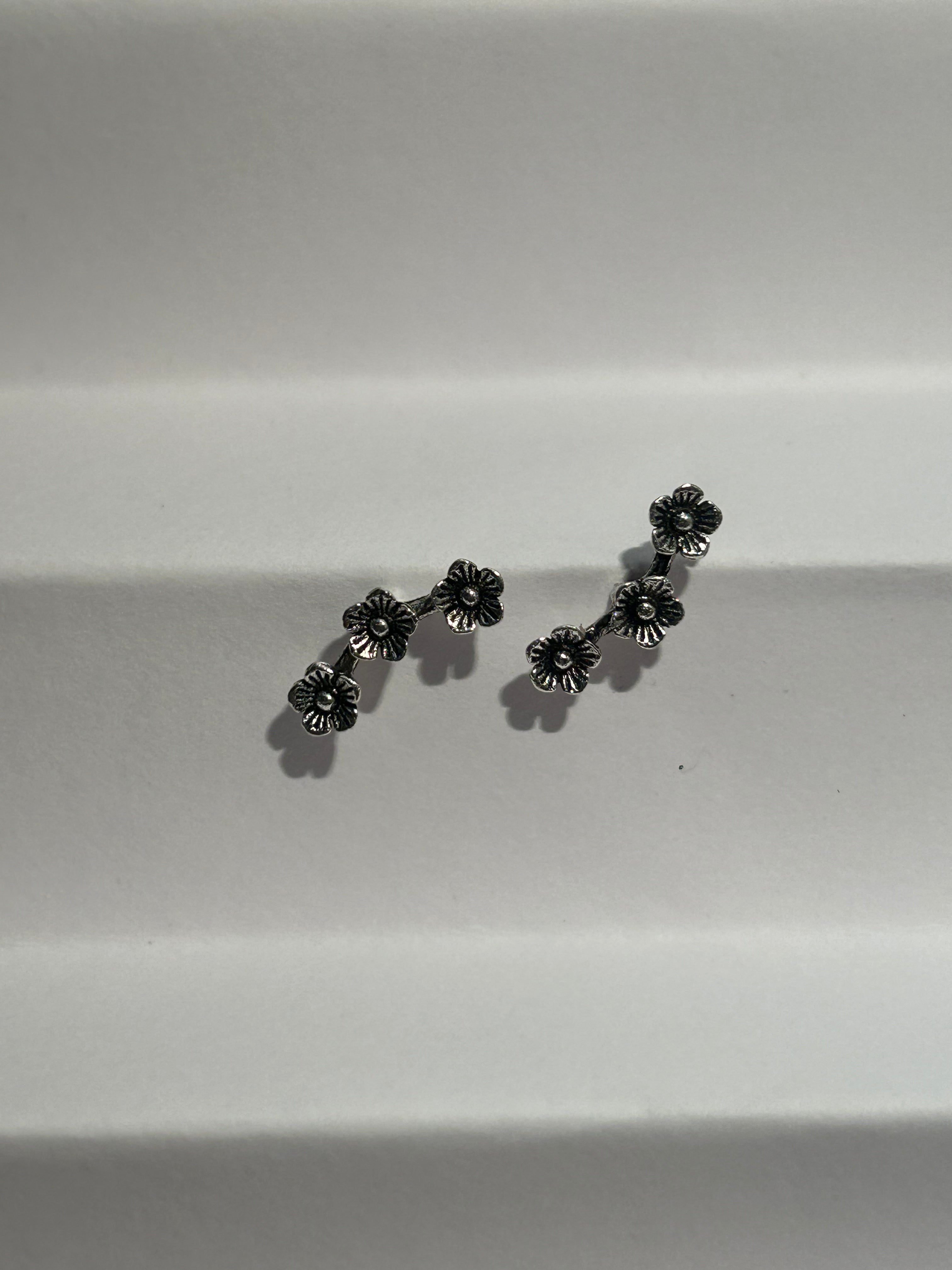 Vintage Floral Ear Climbers – Antique Silver Mini Flower Stud Earrings